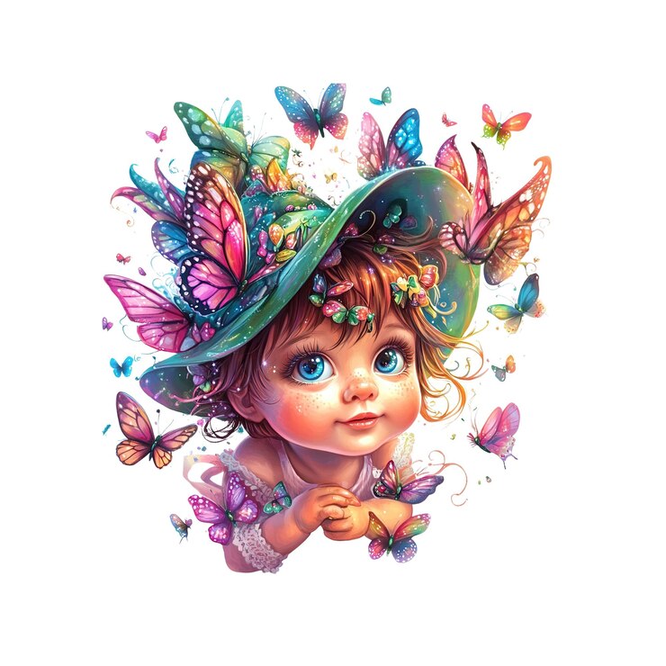 PSD adorable niña rodeada de mariposas de colores en un sombrero caprichoso