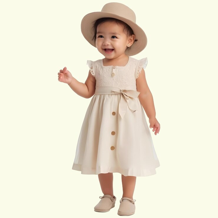 Adorable niña con un vestido vibrante en un fondo transparente