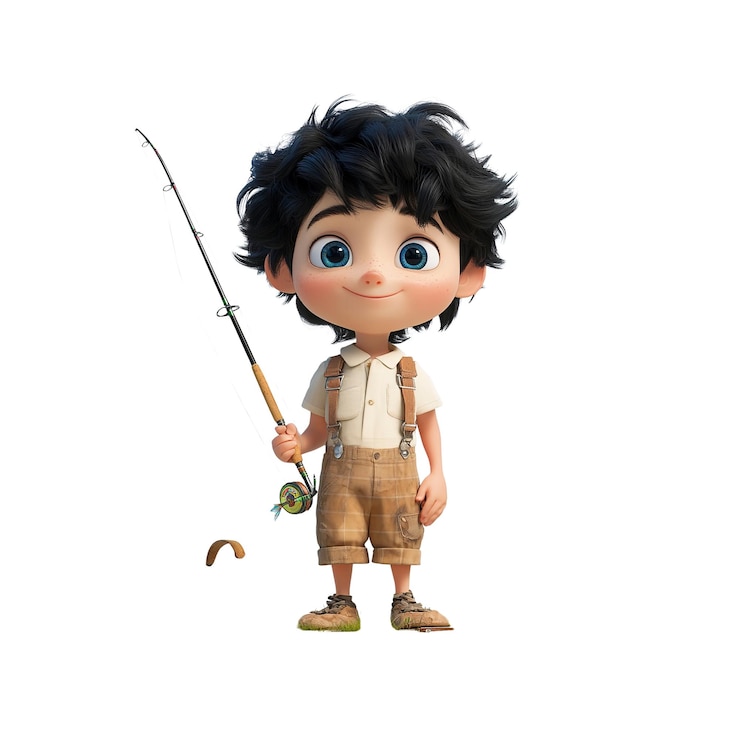 PSD adorable niño animado en 3d con caña de pescar listo para la aventura
