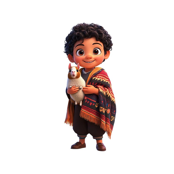 PSD adorable niño animado con ropa andina de conejo de guinea