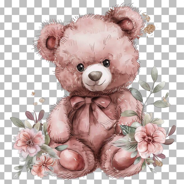 PSD adorable ours en peluche dessinant un motif de fleurs