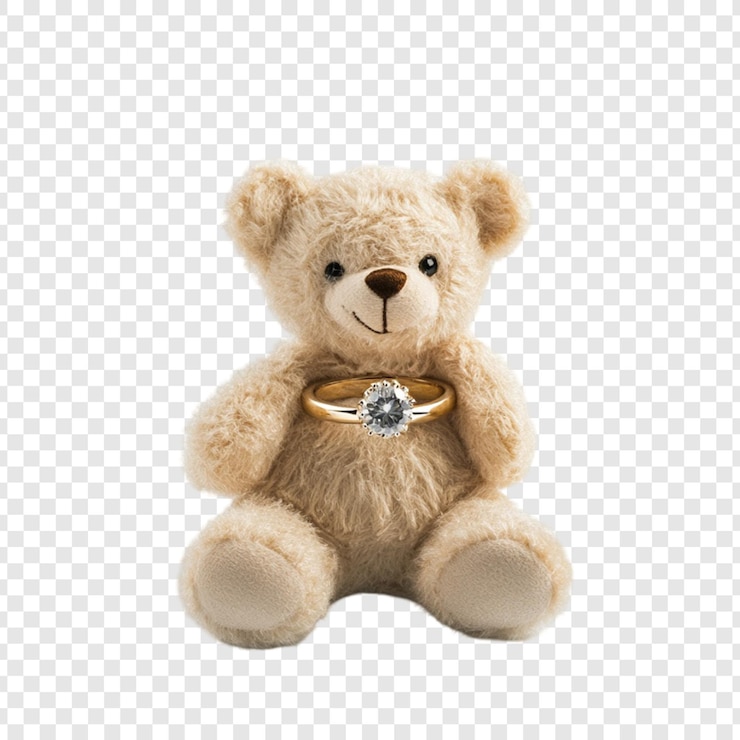 PSD un adorable ours en peluche tenant une bague de fiançailles en diamant un cadeau de demande en mariage romantique