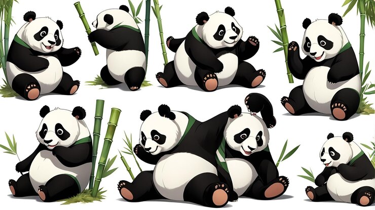 PSD adorable panda de dibujos animados con expresiones acogedoras sentado acostado y estirándose en poses lindas con bambú