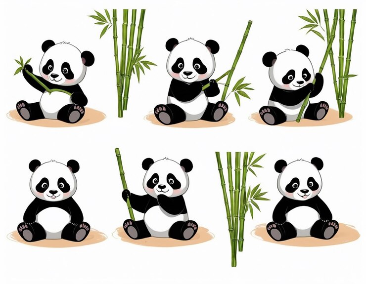 PSD adorable panda de dibujos animados con expresiones acogedoras sentado acostado y estirándose en poses lindas con bambú