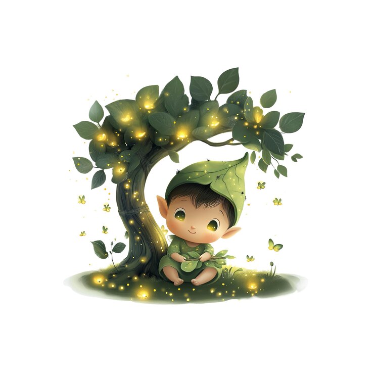 PSD adorable pequeño elfo de hojas bajo un árbol de luciérnaga brillante