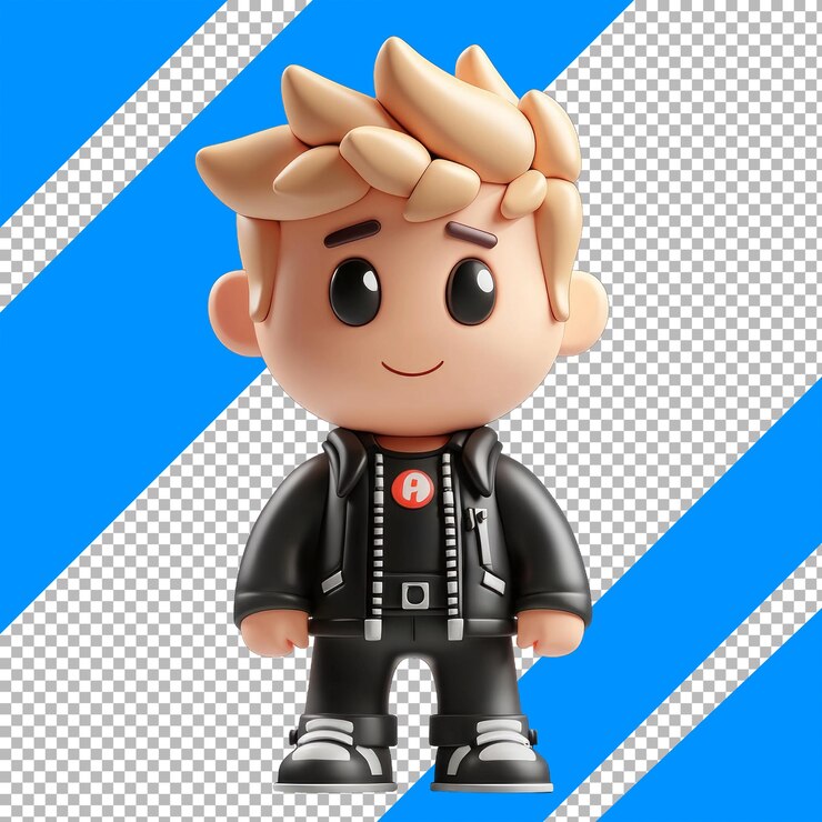PSD adorable personaje de dibujos animados con traje negro sobre un fondo de rayas azules