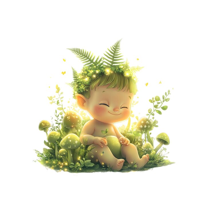 PSD adorable petit sprite de forêt bébé heureux dans l'illustration de la nature