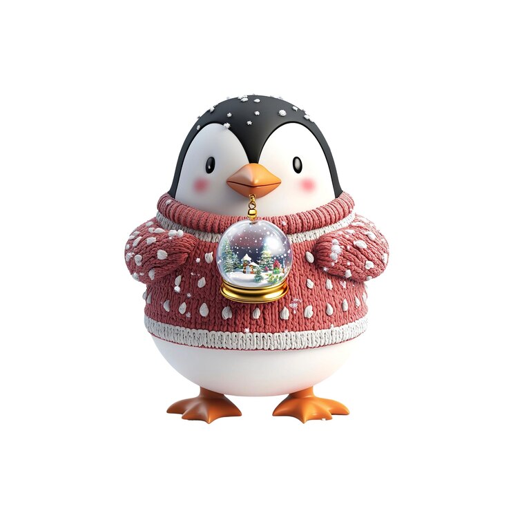 PSD adorable pingüino en suéter de punto sosteniendo un globo de nieve para navidad
