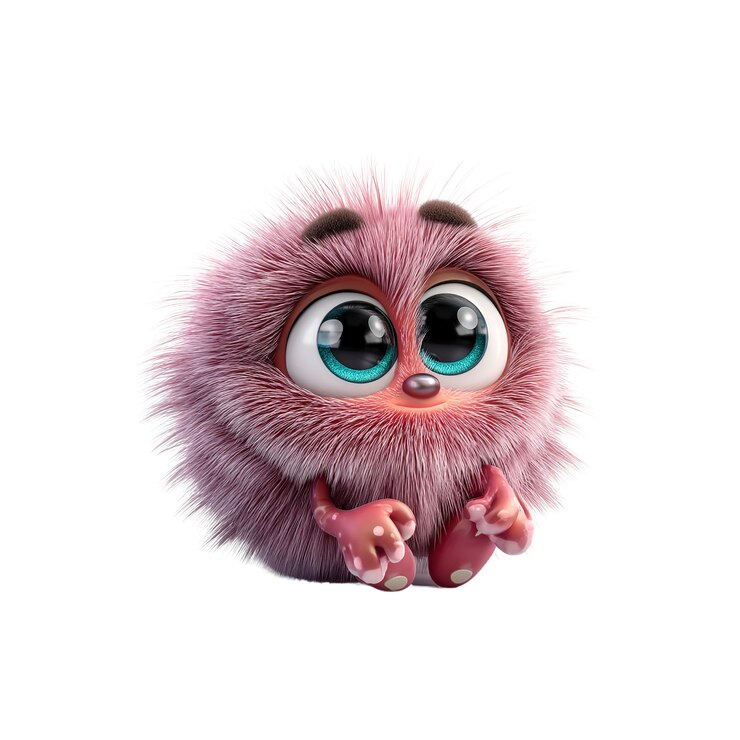 PSD adorable pink fluffy creature sitting 3d rendered cartoon character