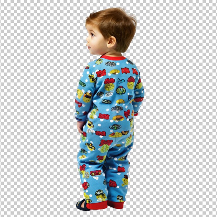 PSD adorable preescolar su pijama mirando hacia atrás