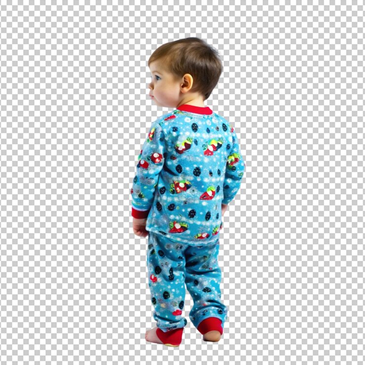 PSD adorable preescolar su pijama mirando hacia atrás