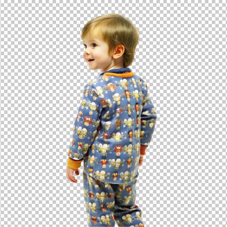 PSD adorable preescolar su pijama mirando hacia atrás