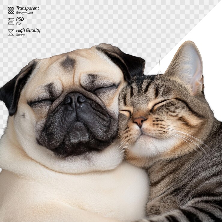 PSD adorable pug y gato acurrucados juntos en un fondo transparente