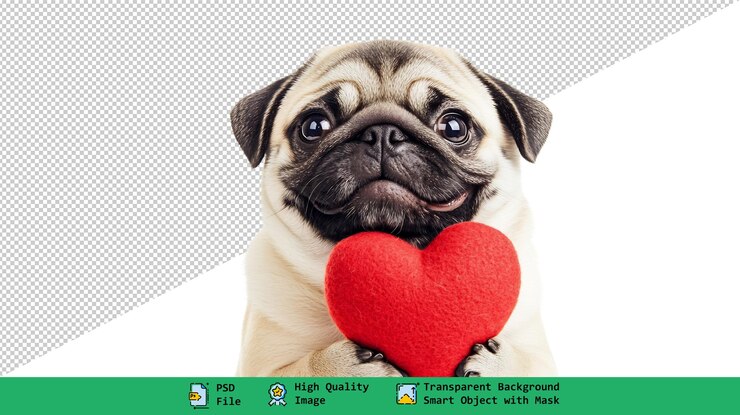 Adorable Pug sosteniendo un corazón rojo perfecto para diseños de Día de San Valentín en un fondo transparente