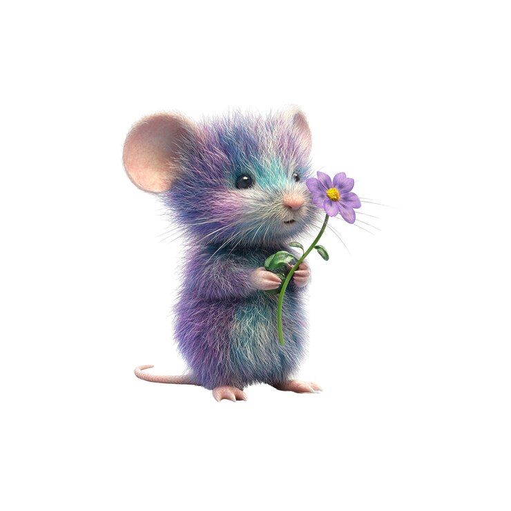 PSD adorable ratón pastel con una flor púrpura