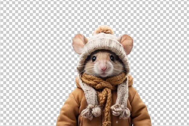 PSD adorable ratón con ropa y sombrero de invierno