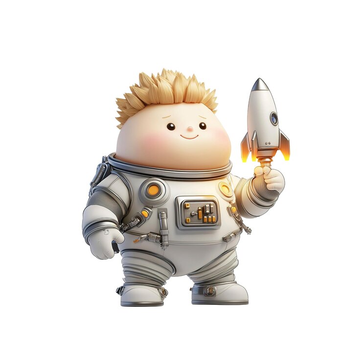 PSD adorable renderizado en 3d de un bebé astronauta gordo sosteniendo un cohete