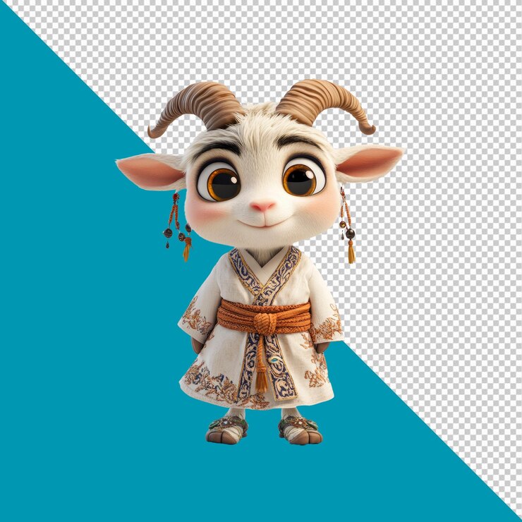 PSD adorable renderizado en 3d de una cabra de dibujos animados con ropa tradicional asiática