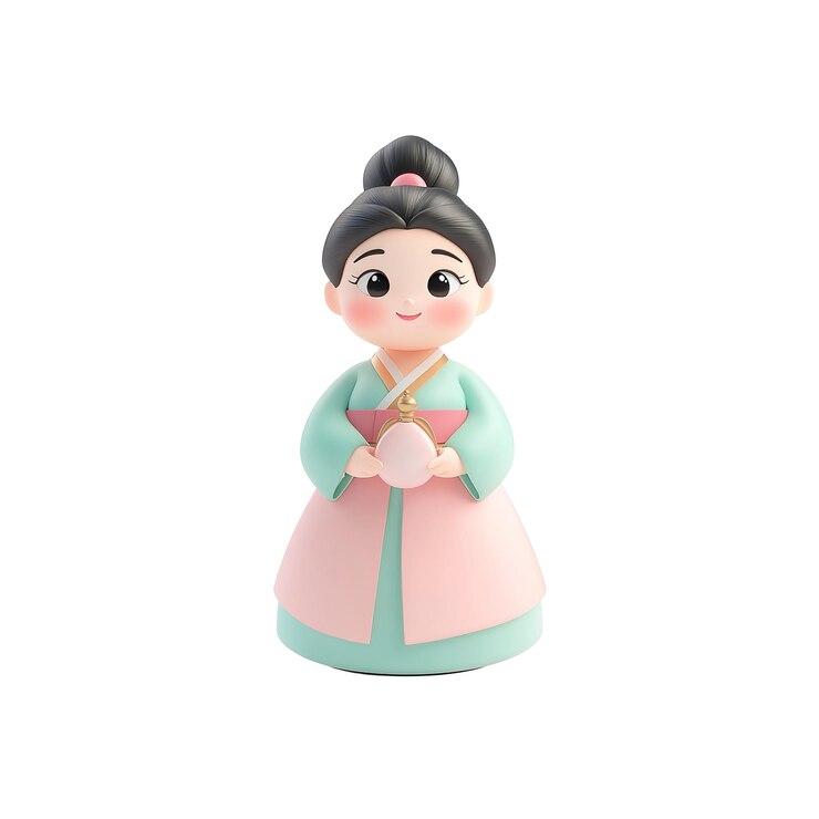 PSD adorable renderizado en 3d de una chica coreana en hanbok sosteniendo una bolsa