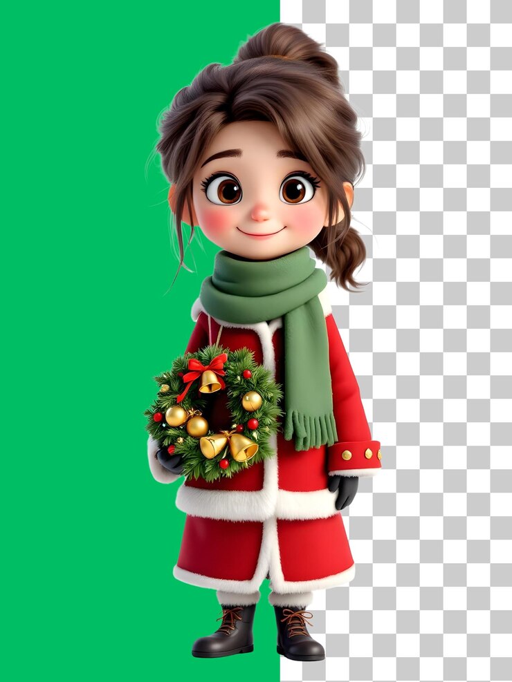 PSD adorable renderizado en 3d de una chica linda con traje de papá noel sosteniendo una corona de navidad contra una pantalla verde