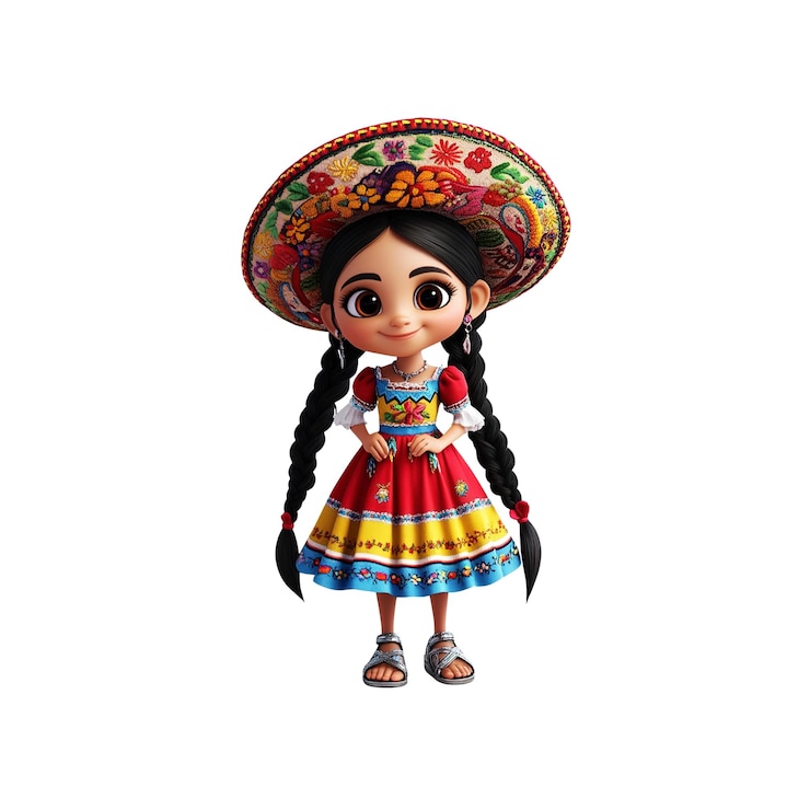 PSD adorable renderizado en 3d de una chica mexicana con vestido tradicional