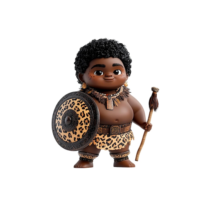 PSD adorable renderizado en 3d de un joven guerrero africano con escudo y lanza