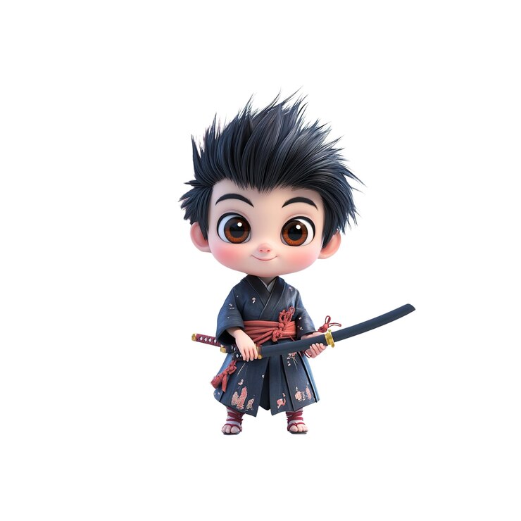 PSD adorable renderizado en 3d de un lindo niño samurai con katana