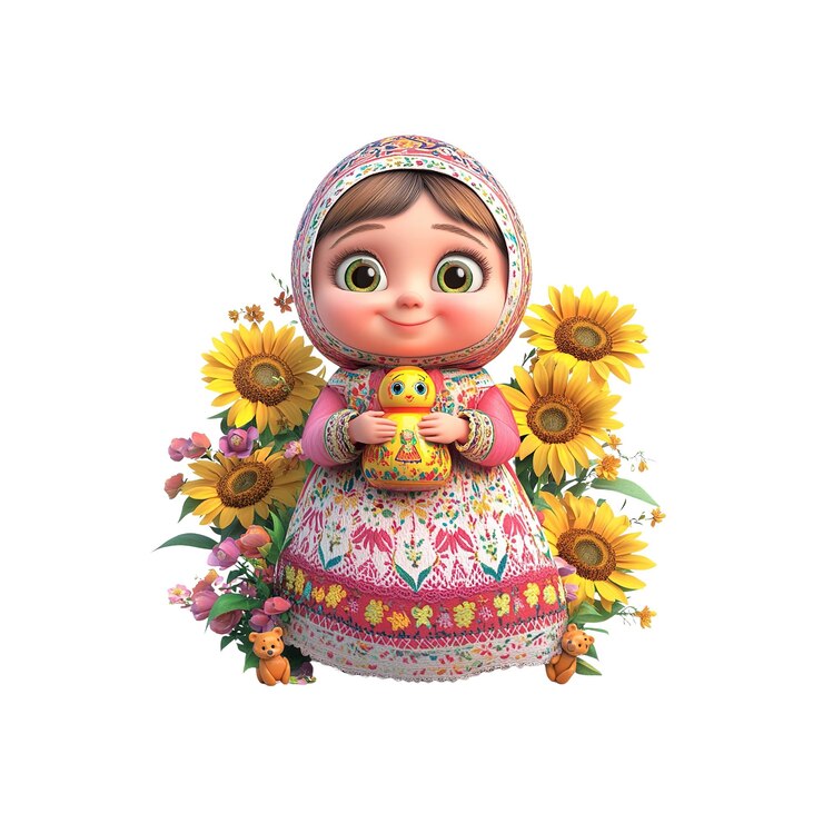 PSD adorable renderizado en 3d de una muñeca matrioshka con girasoles y un pollito matriushka