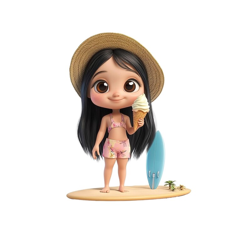 PSD adorable renderizado en 3d de una niña disfrutando del verano en la playa con helado y tabla de surf