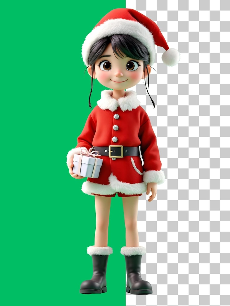 PSD adorable renderizado en 3d de una niña de navidad con un regalo contra un fondo de pantalla verde perfecto