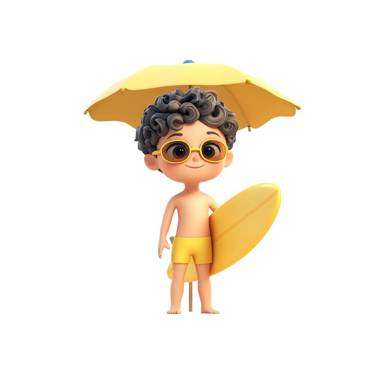 PSD adorable renderizado en 3d de un niño listo para surfear bajo un paraguas amarillo