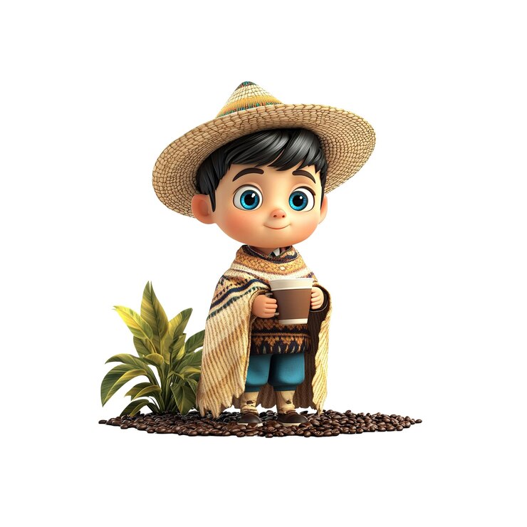 PSD adorable renderizado en 3d de un niño con un sombrero sosteniendo una taza de café entre granos de café