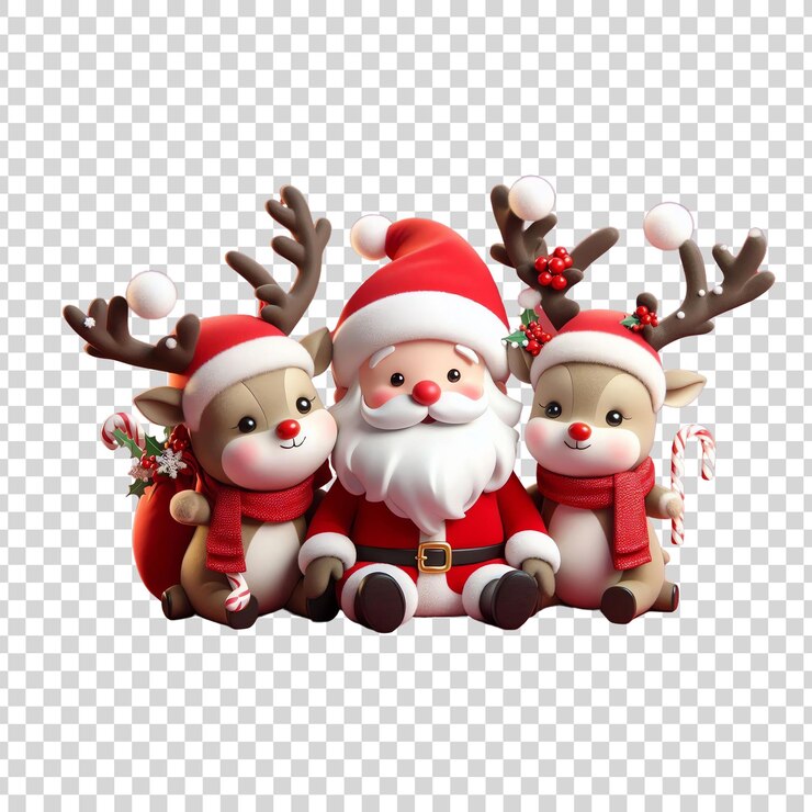 Adorable renderizado en 3D de Papá Noel con dos renos