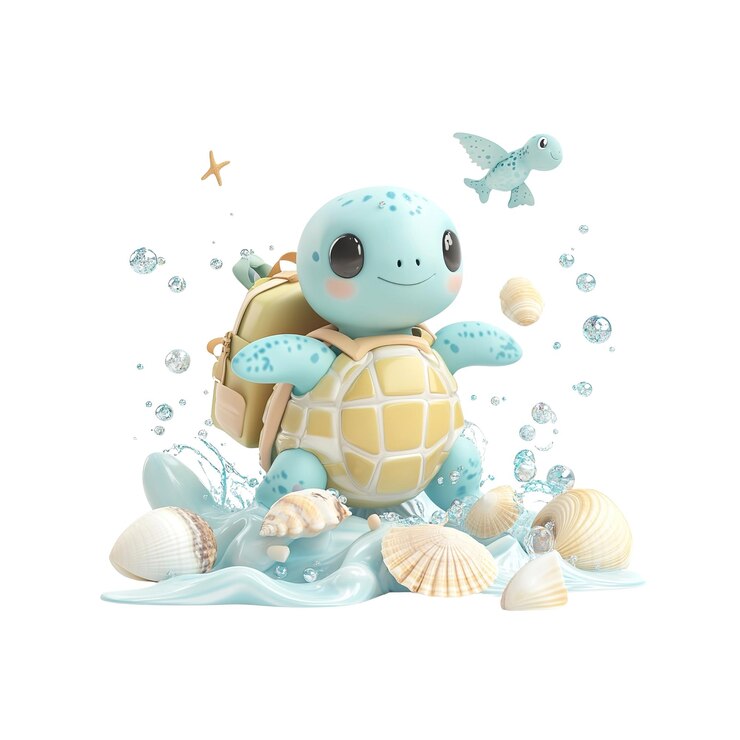 PSD adorable renderizado en 3d de una pequeña tortuga con mochila viajando en las olas del océano