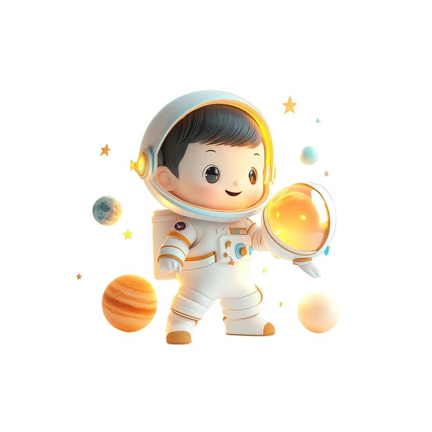 Adorable renderizado en 3D de un pequeño astronauta explorando el espacio