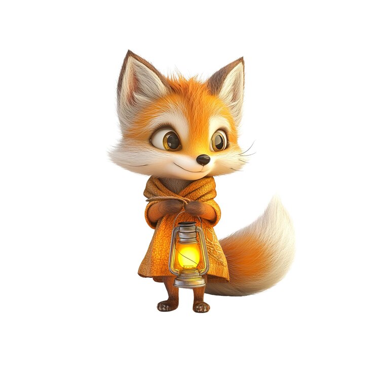 PSD adorable renderizado en 3d de un pequeño zorro sosteniendo una linterna