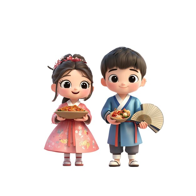 Adorable representación en 3D de niños coreanos en el tradicional Hanbok sosteniendo comida
