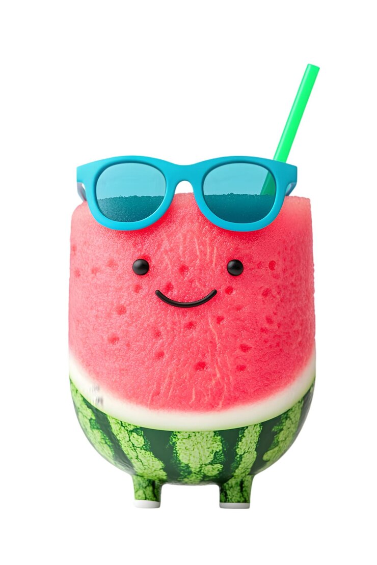 PSD adorable sandía con gafas de sol y paja en una taza verde
