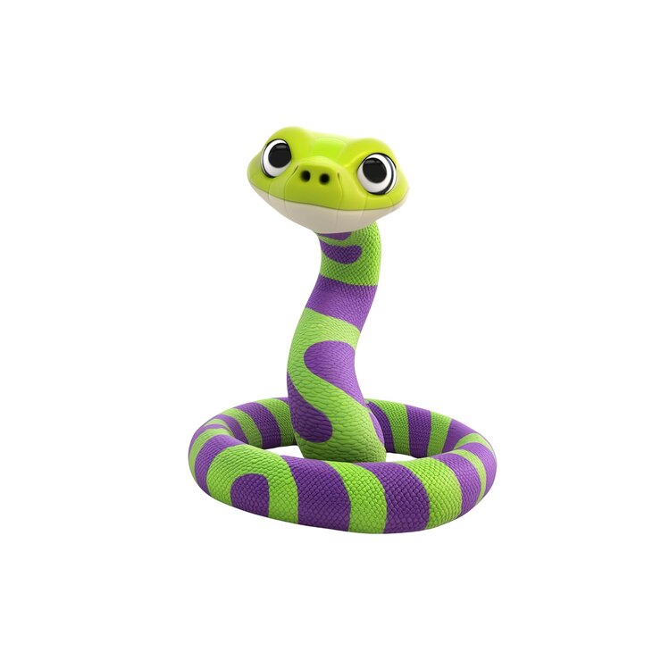 PSD adorable serpiente de dibujos animados con rayas púrpuras y verdes 3d render