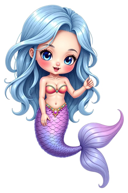 La adorable sirena con el largo cabello azul y la cola púrpura en gradiente