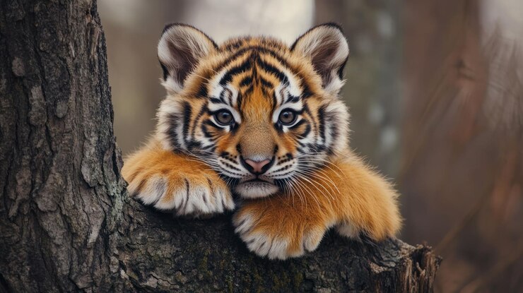 PSD adorable tiger cub resting on a tree trunk in a forest