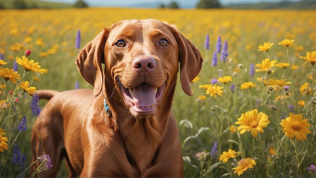 Adorable vizla en un campo verde perro de caza perro de juego perro retriever perro puntero perro