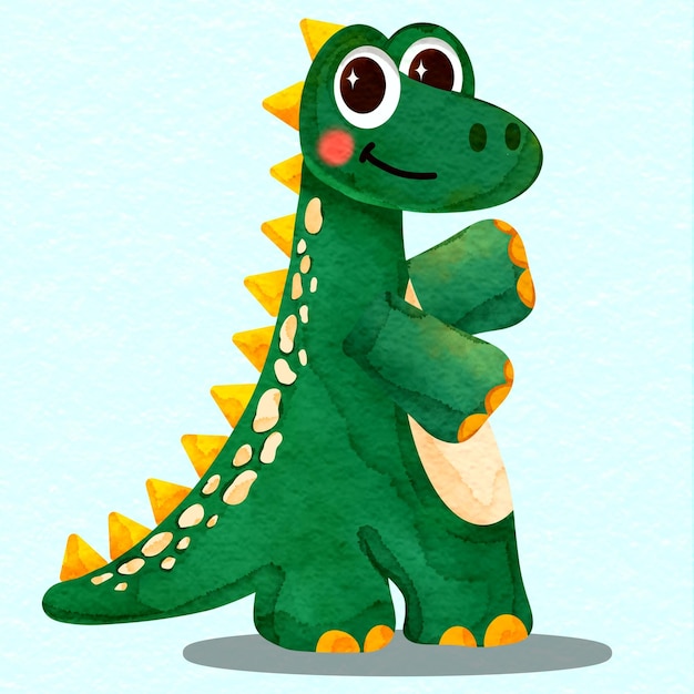 Adorable watercolor green dinosaur cartoon illustration with yellow horns