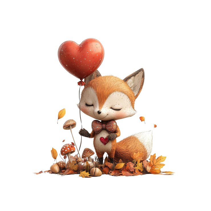 PSD adorable zorro con globo de corazón en el entorno de otoño