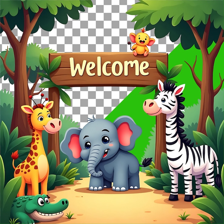 PSD adorables animales de la selva señal de bienvenida foto de stock