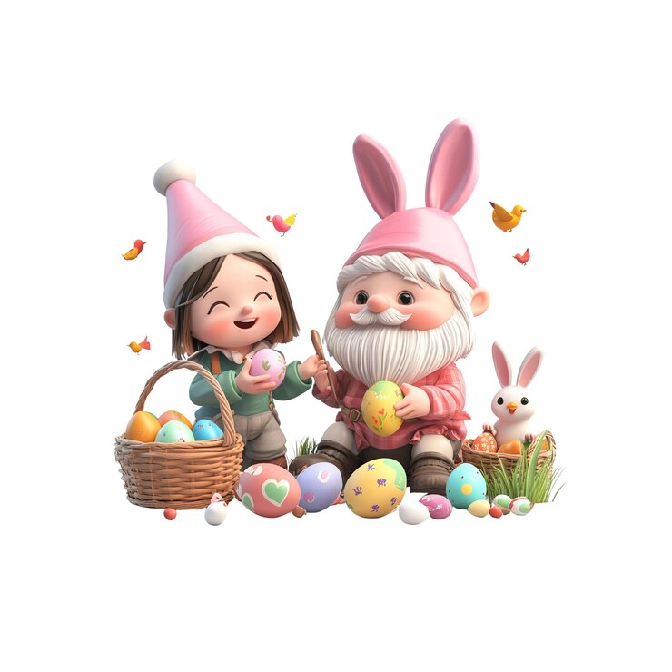 PSD adorables gnomos decorando huevos de pascua para las vacaciones de primavera