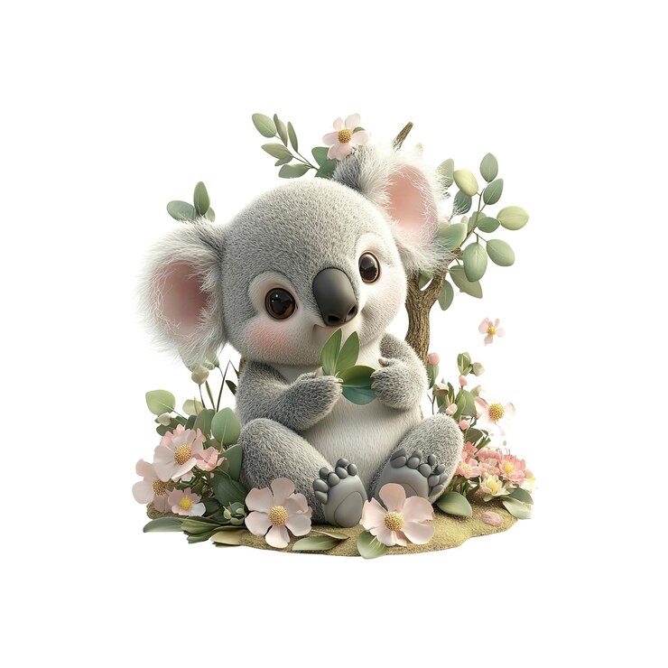 PSD adorável bebê urso-koala sentado em meio a flores em flor