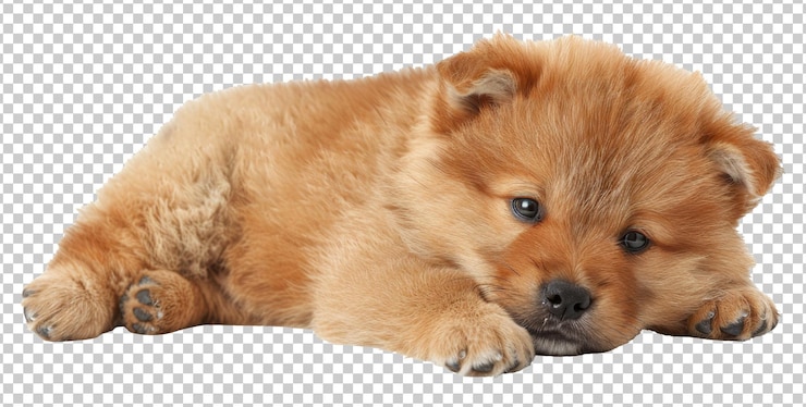 PSD adorável cachorrinho castanho deitado isolado em fundo transparente