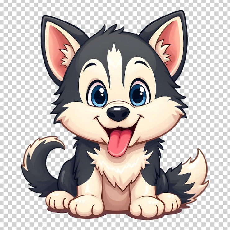 PSD adorável cachorrinho husky de estilo desenho animado com grandes olhos azuis e cauda fofa em um fundo transparente