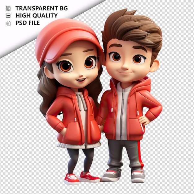 PSD adorável casal asiático em 3d estilo desenho animado com fundo branco